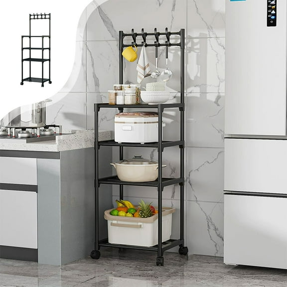 Kitchen Shelf Multi Layer Storage Rack, Rvkxad Sturdy Steel Pipe Pot Rack Stand, 4-Tier Rolling Utility Cart with Wheels for Kitchen Bathroom Floor, Easy Clean Home Organizer Shelf, Black