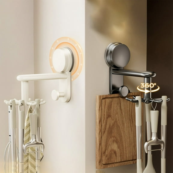 Kitchen Shelf Rotating Hook Organizer | Wall Mounted Kitchenware Storage Rack | Durable Suction Cup Mount | 360° Adjustable | Holds Utensils | White/Gray | 13x12.5cm | 1 Pack