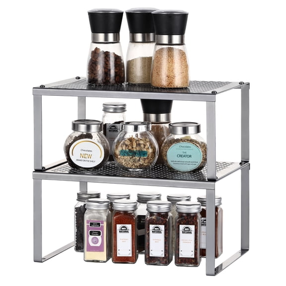 Kitchen Shelf Storage Rack for Counter Cabinet Storage Set of 2 Cabinet Shelf Spice Rack Stackable Metallic