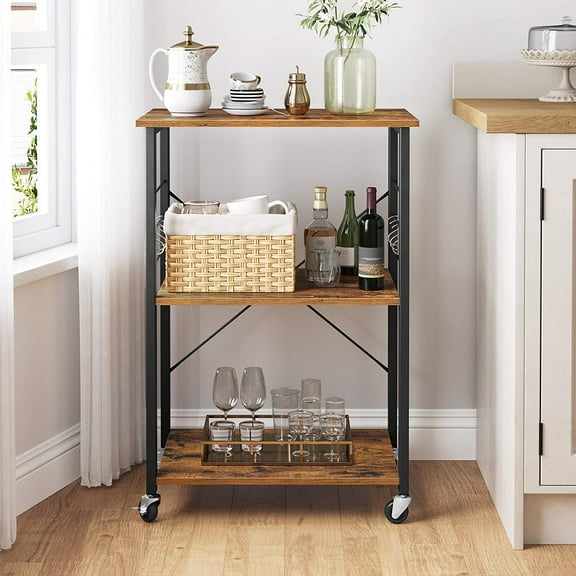Kitchen Shelf on Wheels, 23.6 Inches Serving Cart with 3 Shelves, Kitchen Cart, Microwave Shelf, for Mini Oven, Toaster, with 6 Hooks, Industrial Style, Rustic Brown and Ink Black UKKS60XV1