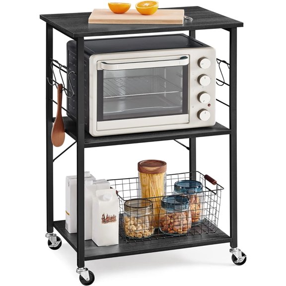 Kitchen Shelf on Wheels, 23.6 Inches Serving Cart with 3 Shelves, Kitchen Cart, Microwave Shelf, for Mini Oven, Toaster, with 6 Hooks, Industrial Style