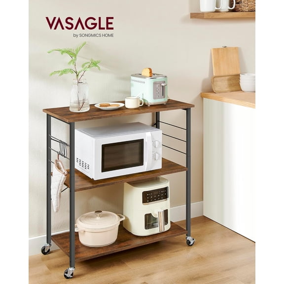 Kitchen Shelf on Wheels, 31.5 Inches Serving Cart with 3 Shelves, Kitchen Cart, Microwave Shelf, for Mini Oven, Toaster, with 6 Hooks, Industrial Style, Rustic Brown and Ink Black UKKS067K01