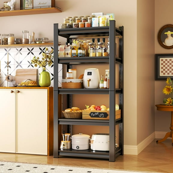 Kitchen Shelves, Adjustable 5-Tier Storage Shelves, Easy Assembly, Kitchen Organizers and Storage, Metal Shelf for Living Room, Bedroom and Garage, Black (15.7" W x 15.7" D x 63" H)