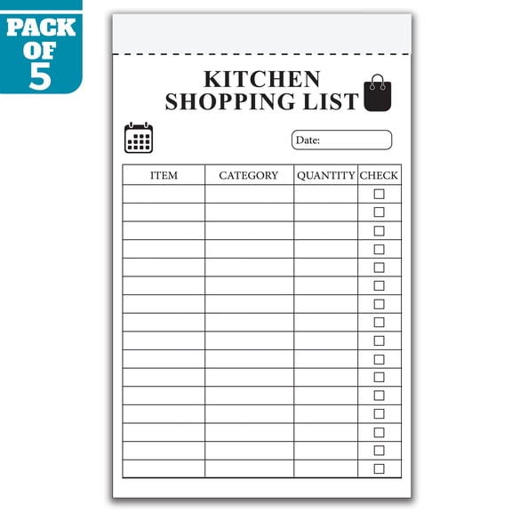 Kitchen Shopping List Notepad 5.5 x 8.5 Inch, Pack of 5 Grocery List Pads, 50 Sheets Per Pad, Shopping Checklist Organizer for Home, Meal Planning, Kitchen, Made in USA