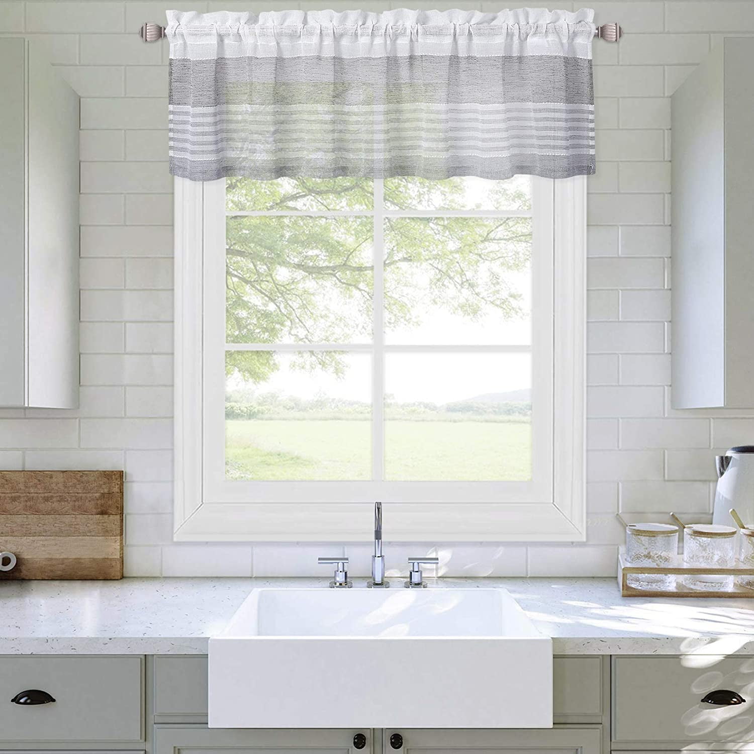 Kitchen Short Voile Curtain Valance, Rod Pocket Linen Textured Stripe ...