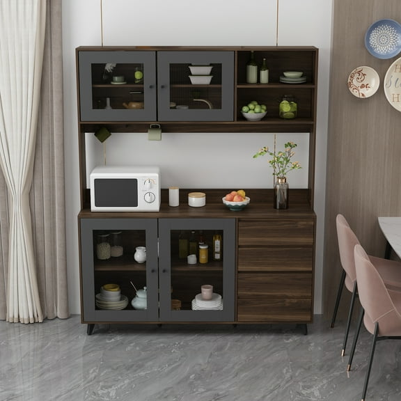 KULAGAGA Kitchen Sideboard Buffet Cabinet, Baker's Rack Microwave Stand with Hutch, Open Shelves and Drawers,Walnut