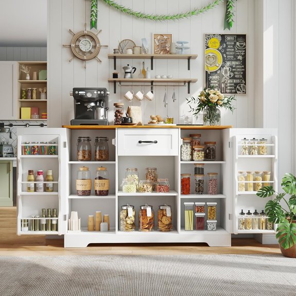 Kitchen Sideboard Buffet Cabinet with Storage Coffee Bar Cabinet with Drawer, Kitchen Pantry Storage with Door and Shelves for Bathroom and Living Room, White and Rustic