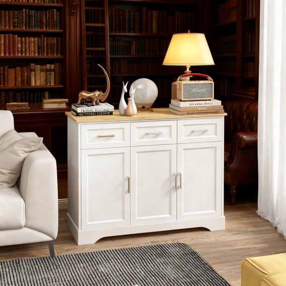 Kitchen Sideboard Buffet Cabinet with Storage, White and Light Oak MDF & Particle Board Server with 3 Drawers and Adjustable Shelves, 39.75" W x 15.25" D x 32.25" H for Dining Room