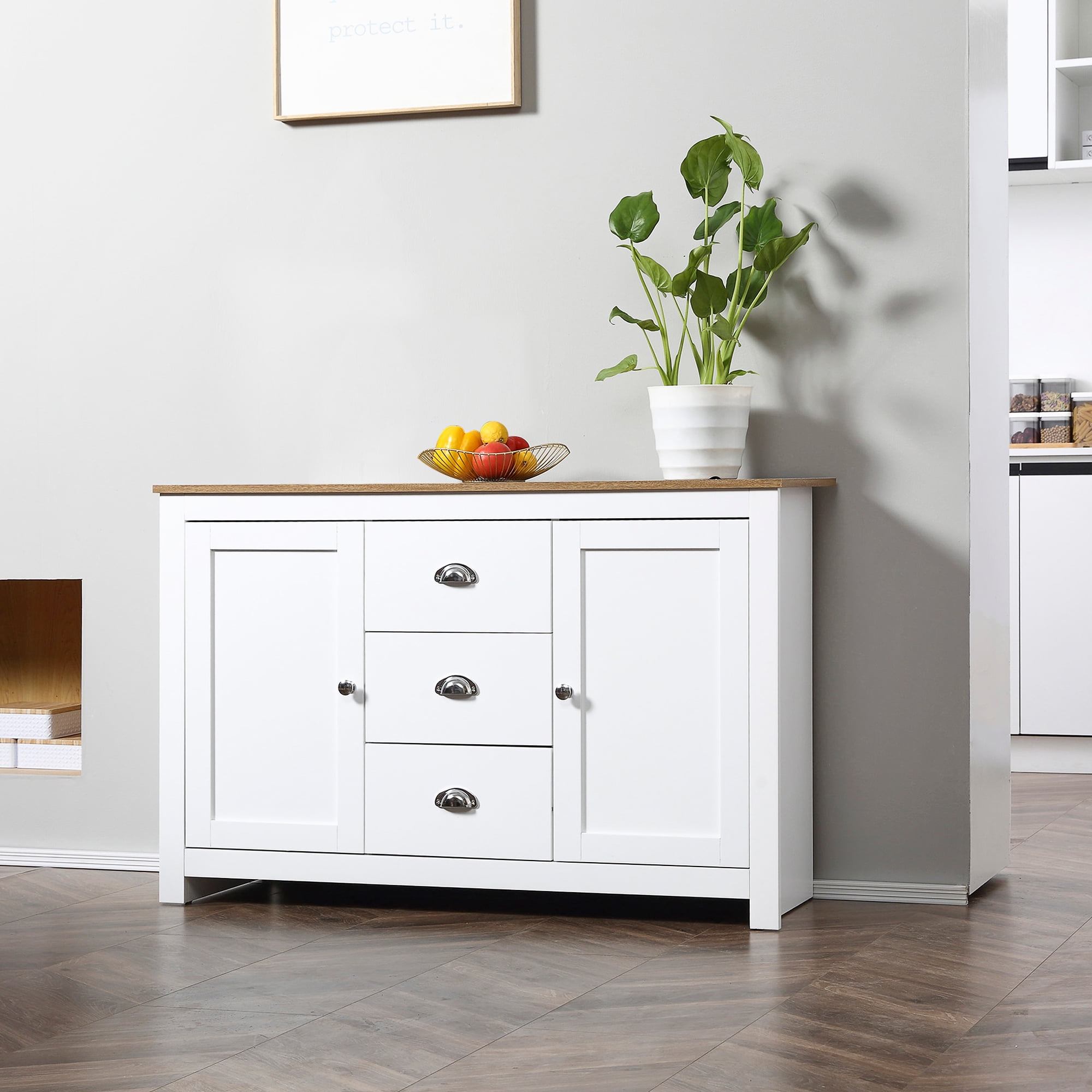 White MDF Kitchen Sideboard with Adjustable Shelves and Drawers