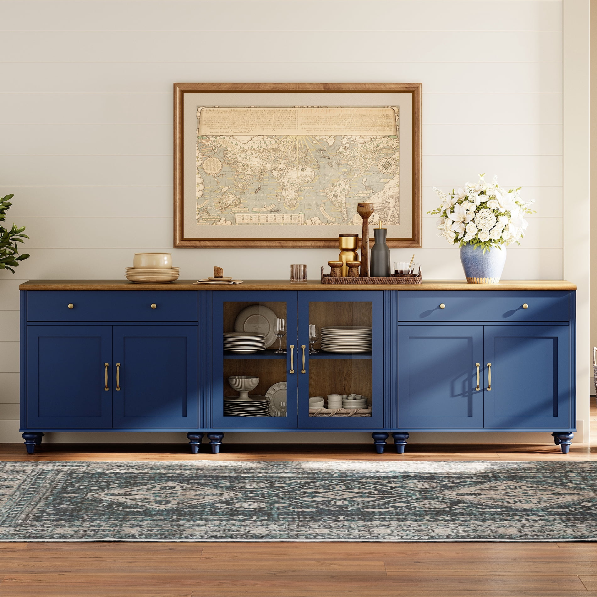 Kitchen Sideboard Cabinet with 2 Glass Doors, Modern Credenzas & Sideboards, Buffet Cabinet Wood Storage Cabinets, Farmhouse Sideboard Credenza for Dining Room, Navy Blue, 102 inch