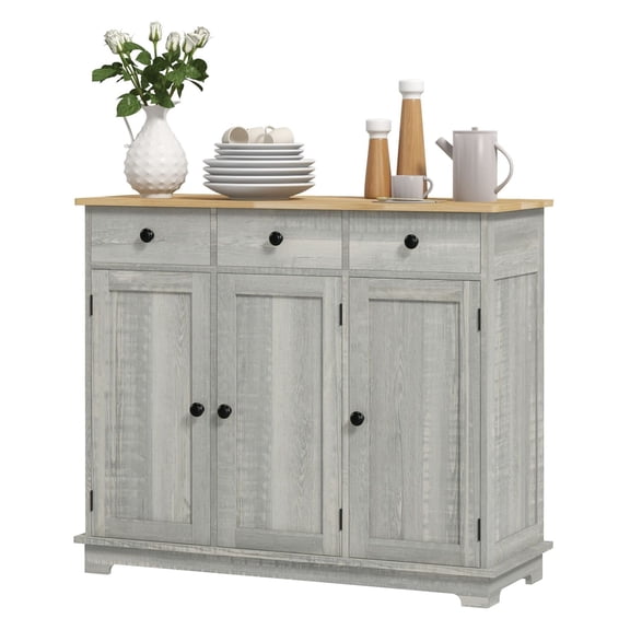 Kitchen Sideboard Cabinet, 3 Drawers & Adjustable Shelf, Light Gray Storage - Solid Wood Top, Dining Room Buffet, Kitchen Organizer