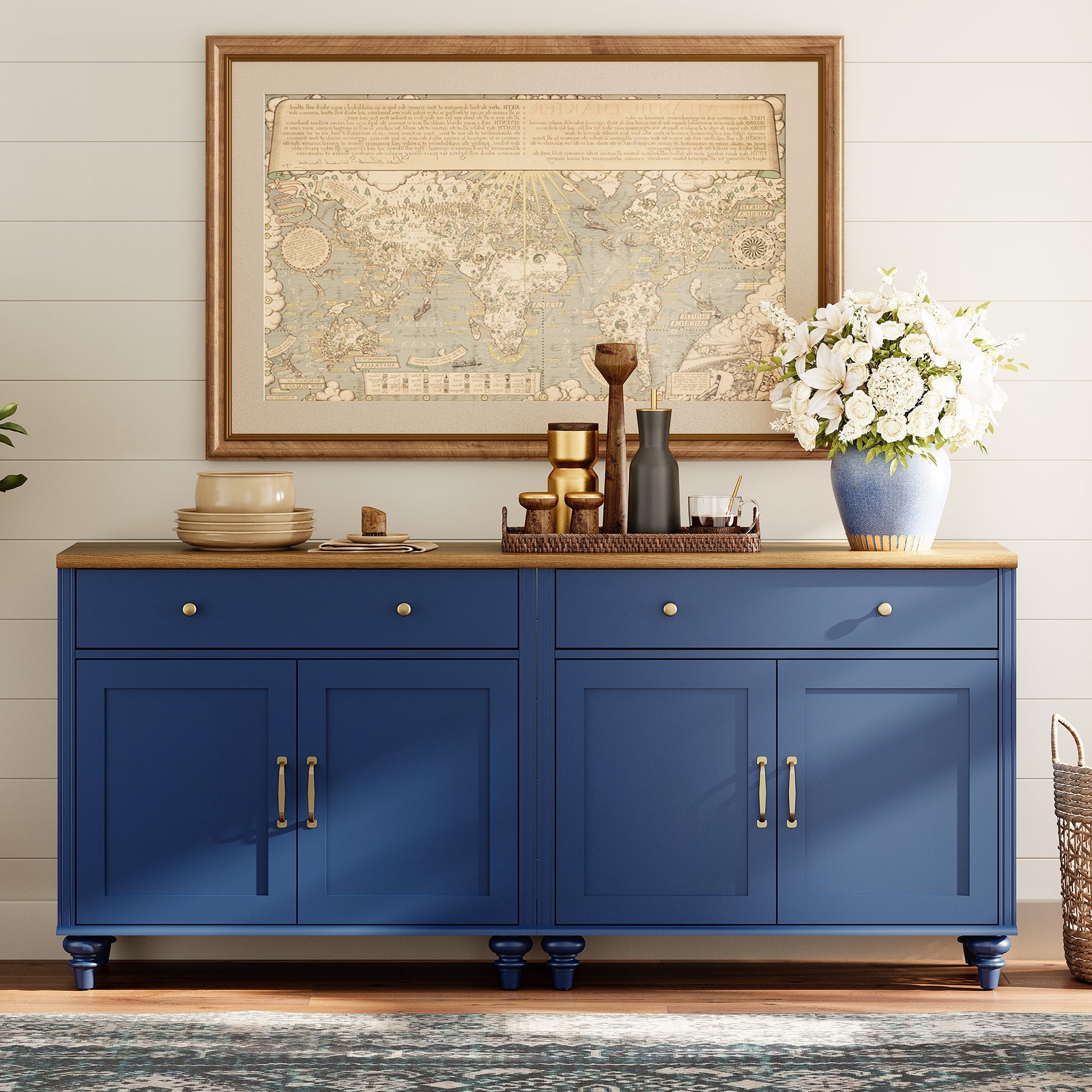 Kitchen Sideboard Cabinet with 4 Wooden Doors, Modern Credenzas & Sideboards, Buffet Cabinet Wood Storage Cabinets, Farmhouse Sideboard Credenza for Dining Room, Navy Blue, 68 inch