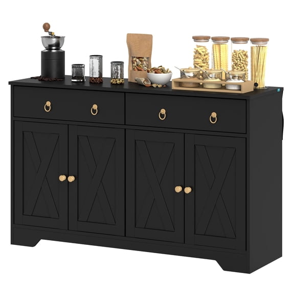 Kitchen Sideboard Cabinet, Farmhouse Buffet with Barn Doors, Black