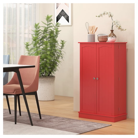 Kitchen Sideboard Cabinet, Red Kitchen Storage w/ Doors & Shelves, Large Pantry Cupboard for Dining Room, 5 Tier Adjustable Shelving