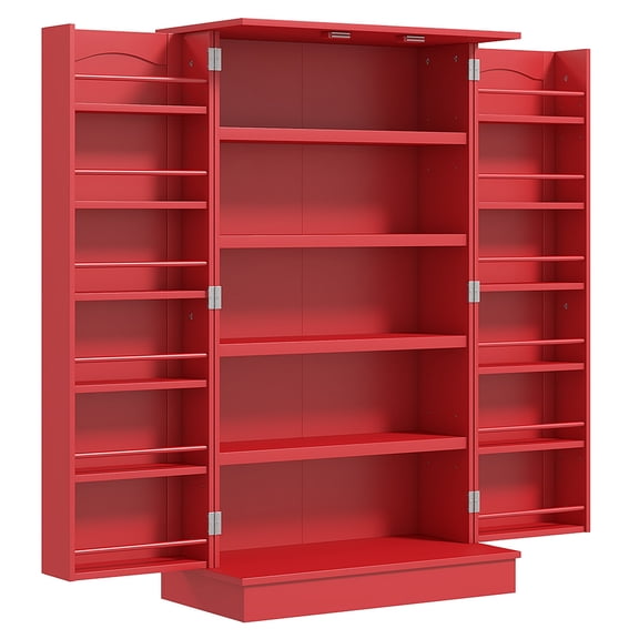 Kitchen Sideboard Cabinet, Red Kitchen Storage w/ Doors & Shelves, Large Pantry Organizer for Dining Room, 5-Tier Adjustable Shelving