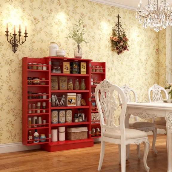 Kitchen Sideboard Cabinet, Red MDF Pantry with 5-Tier Shelving, 12 Spice Racks, Double Doors and Anti-Tipping Design, 23.6" W x 11.8" D x 40.9" H for Dining Room and Kitchen Storage