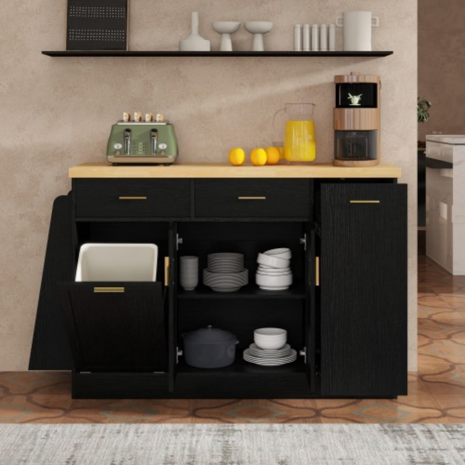 Kitchen Sideboard Cabinet with Trash Can Storage, Multi-Functional Storage Cabinet with Sliding Door & 3-Tier Spice Rack, Kitchen Island Table Buffet Cabinet for Dining Room, Black