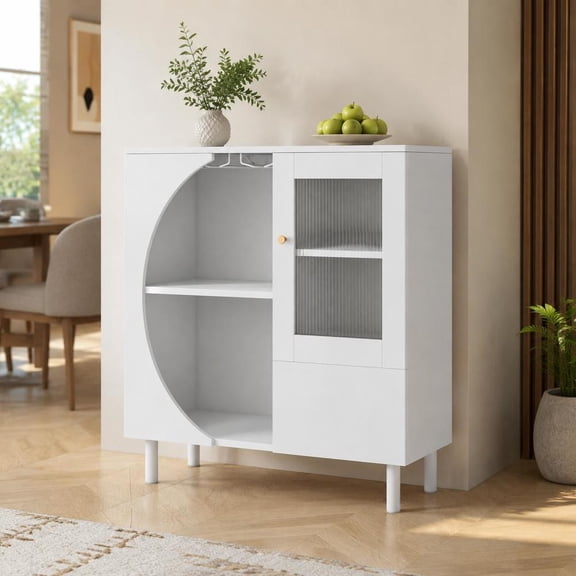 Kitchen Sideboard, white with glass door storage, built-in wine glass holder, buffet table for dining and kitchen use