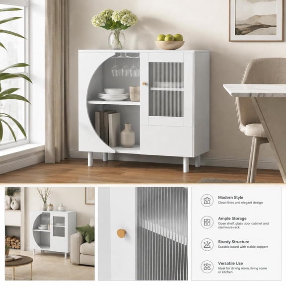 Kitchen Sideboard, white with glass door storage, built-in wine glass holder, buffet table for dining and kitchen use
