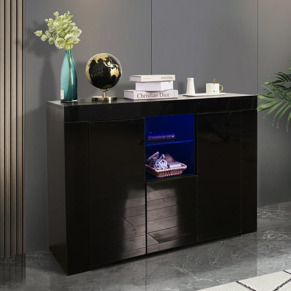 Kitchen Sidetable Cabinet Cupboard, Black High Gloss Sideboard Buffet Storage Cabinet w/ 16-Color LED lights, Large Storage Drawers and 2 Cabinet, Open Shelves, Black, S6383