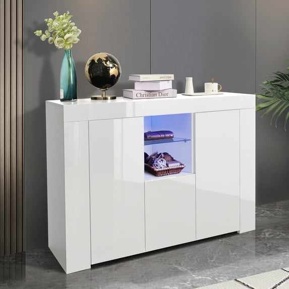 Kitchen Sidetable Cabinet Cupboard, White High Gloss Sideboard Buffet Storage Cabinet w/ 16-Color LED lights, Large Storage Drawers and 2 Cabinet, Open Shelves, White, S6363