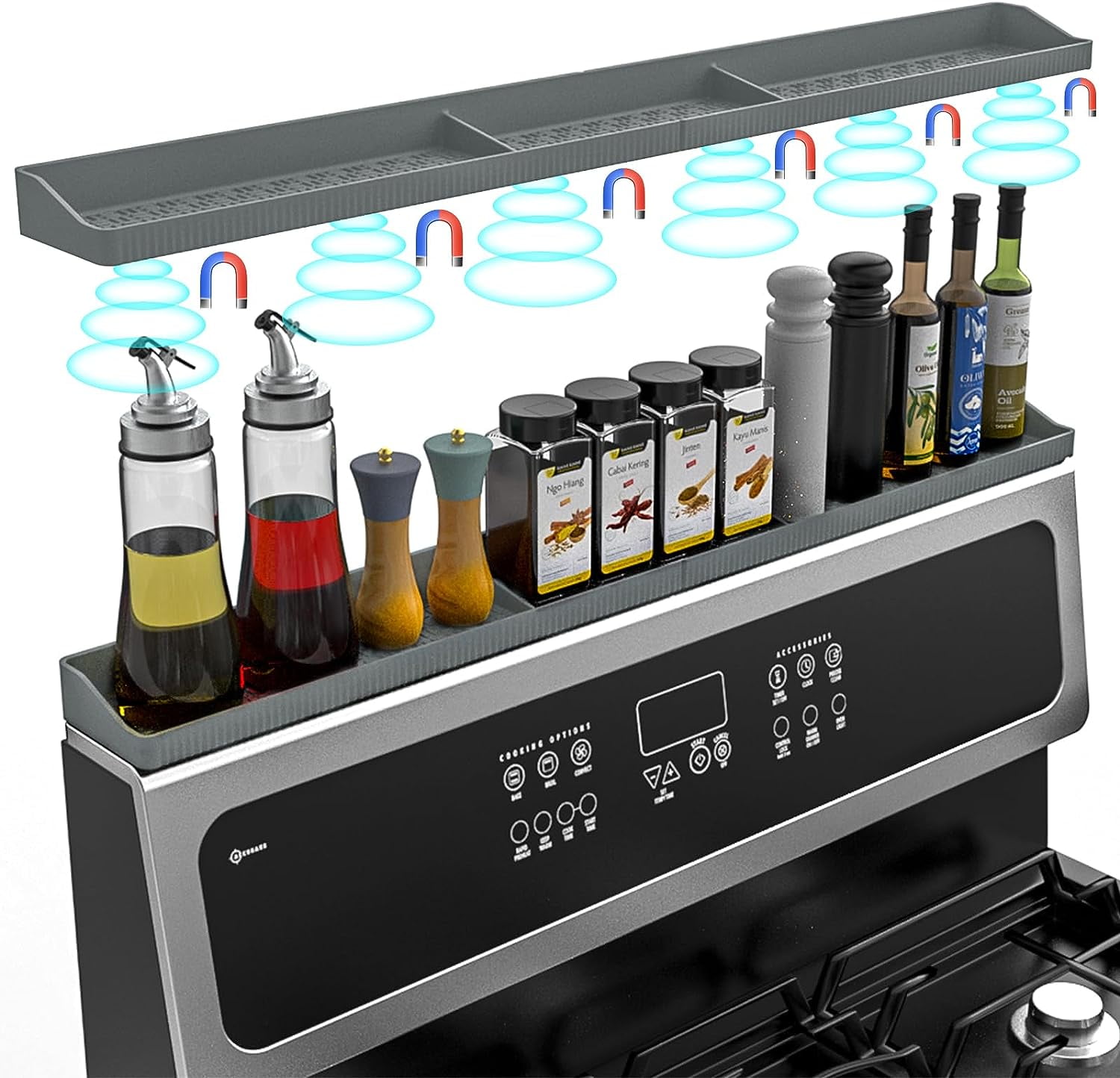 Kitchen Silicone Stove Top Magnetic Shelf for Above Stove Stove Soft Flexible Strong Magnetic Heat Resistant Spice Rack Organizer 30 Inch (Gray)
