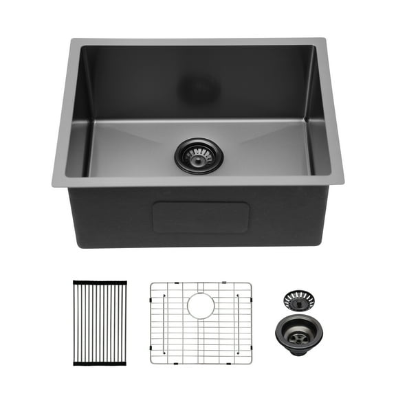 23" Gunmetal Black Undermount Kitchen Sink, 9" Deep Stainless Steel Single Bowl with Accessories
