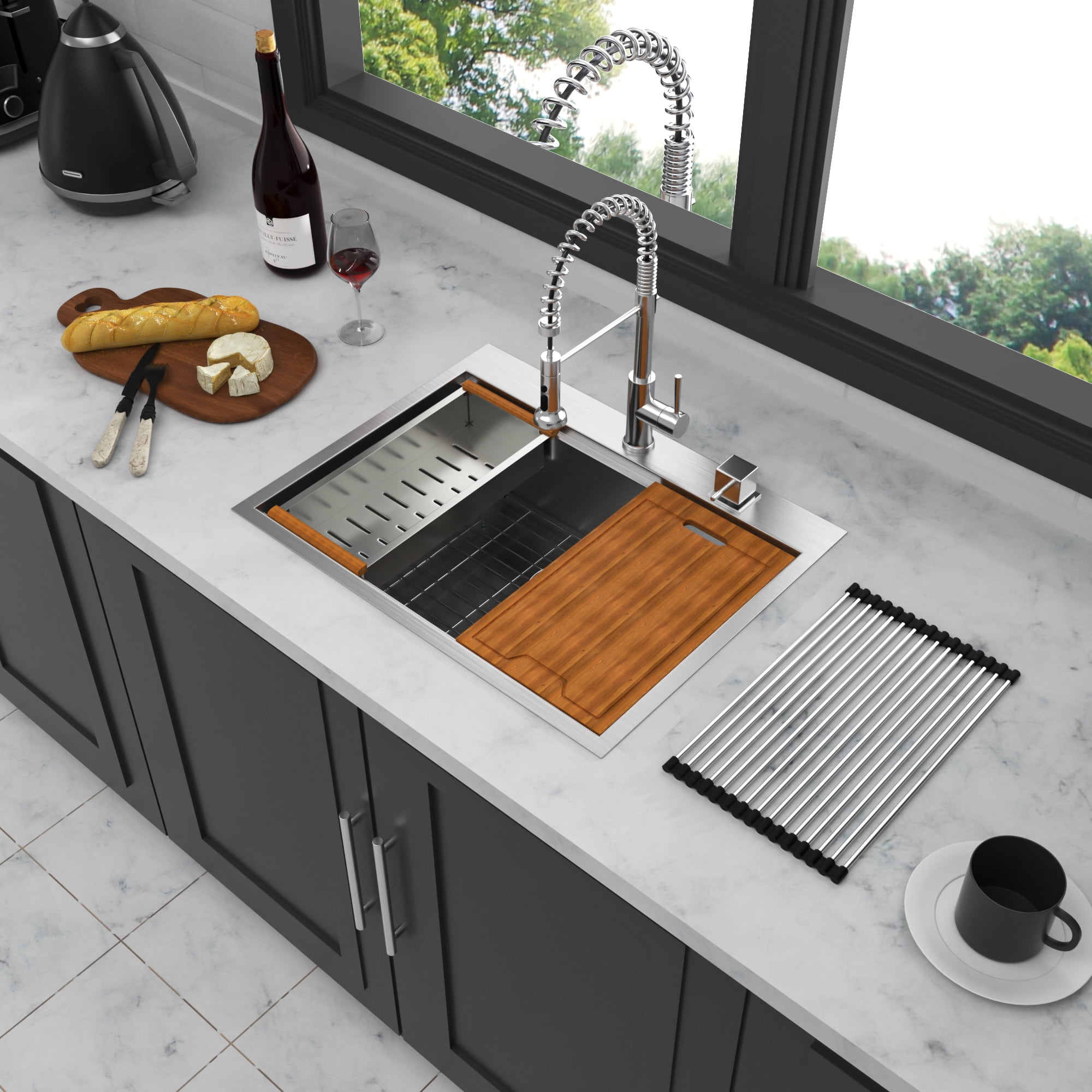 Kitchen Sink Stainless Steel 25 X 22 Inch Single Bowl Drop In Kitchen Sink Topmount 18 Gauge Basin Bottom Grid Drain Strainer Set - View #2