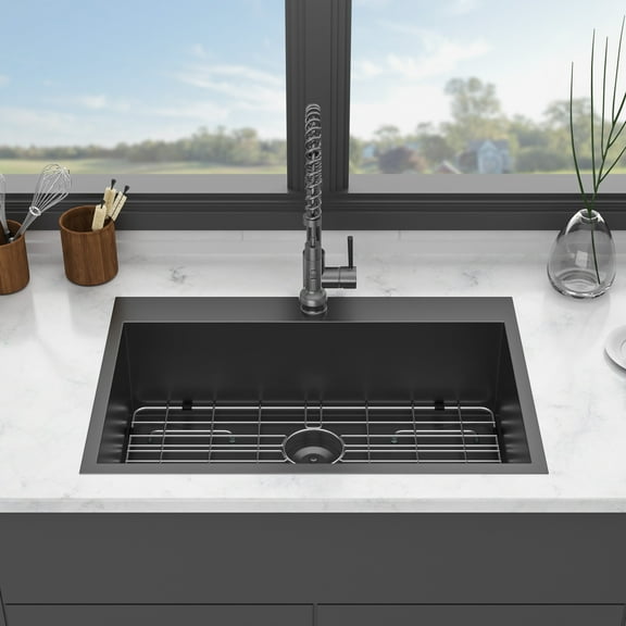 Kitchen Sink 30 Drop In Kitchen Sink - Topmount Gunmetal Black Stainless Steel 18 Gauge Singe Bowl Kitchen Sink Basin,Stainless Steel Kitchen Sink