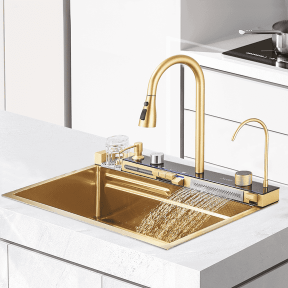 Kitchen Sink 304 Stainless Steel Single Bowl Kitchen Sinks, Digital Display Waterfall Sink, With Pull Down Sprayhead Faucet, With Pressurized Cup Washer and Two Waterfalls