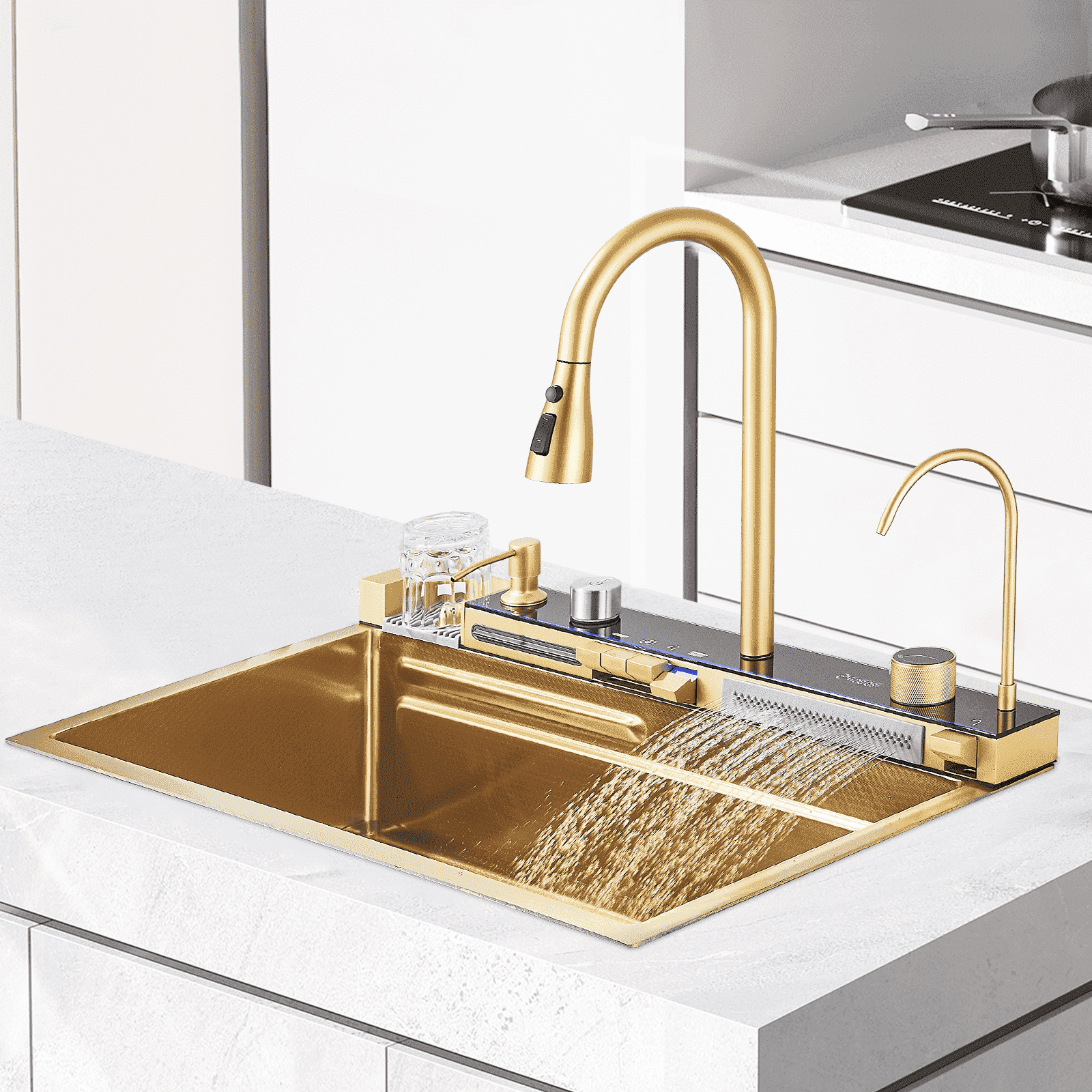Zovajonia Single Bowl Drop-in Kitchen Sink, 304 Stainless Steel, 29.52 x 17.7 inch, Brushed Gold, with Pull-Out Faucet and Accessories