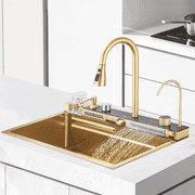 Zovajonia Single Bowl Drop-in Kitchen Sink, 304 Stainless Steel, 29.52 x 17.7 inch, Brushed Gold, with Pull-Out Faucet and Accessories