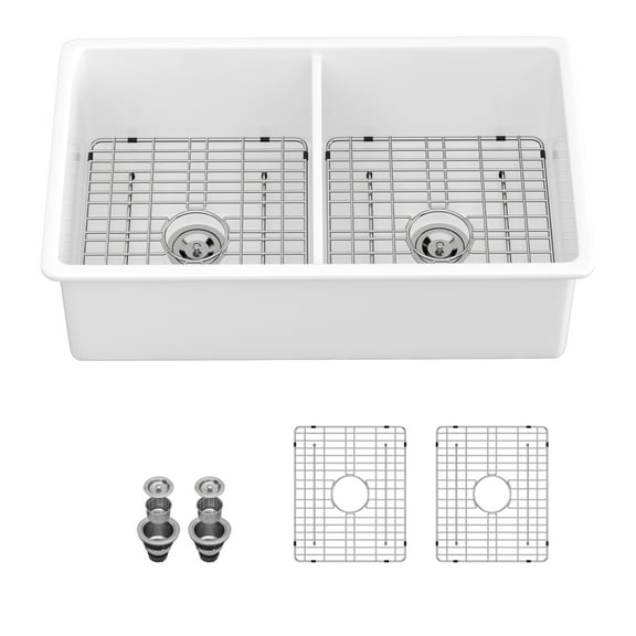 Kitchen Sink 32" Undermount Double Bowl Ceramic Kitchen Sink - Dual Mount White Ceramic Rectangular Deep Double Bowl Sink Basin,Stainless Steel Kitchen Sink