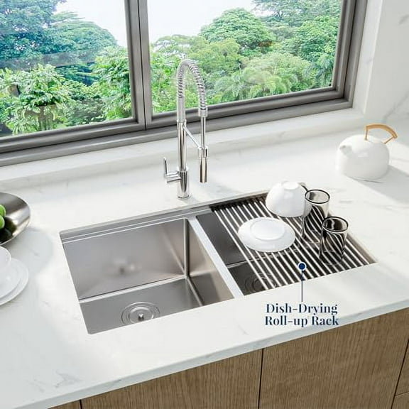 Kitchen Sink,33 Inch Double Bowl Drop In Kitchen Sink 33x19 Inch Undermount Workstation 16 Gauge Double Bowl Stainless Steel Kitchen Sink With Integrated Ledge and Accessories