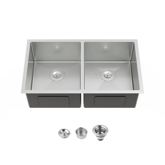 Kitchen Sink 33"x19" Embedded Double Bowl Kitchen Sink, Undermount Handmade Sink in Brushed (Sink only),Stainless Steel Kitchen Sink