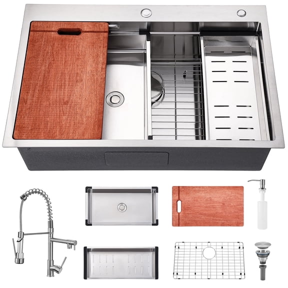 Kitchen Sink 33x22 Drop in Kitchen Sink with Faucet Combo 33 inch Large Single Bowl Stainless Sink Modern Workstation Deep Kitchen Sinks