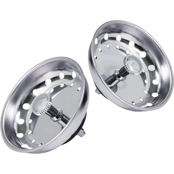 Kitchen Sink Basket Strainer Replacement for Standard Drains 3.15 Inch) Chrome Plated Stainless Steel Body With Rubber Stopper, Pack Of 2