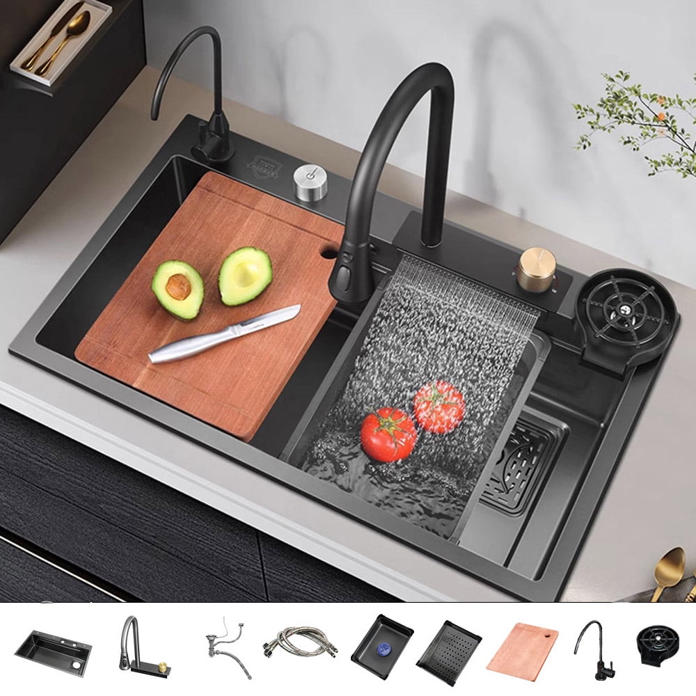 Kitchen Sink | Black | Drop in | 26.7" | Stainless Steel | Waterfall Sprayer Faucet | Glass Washer