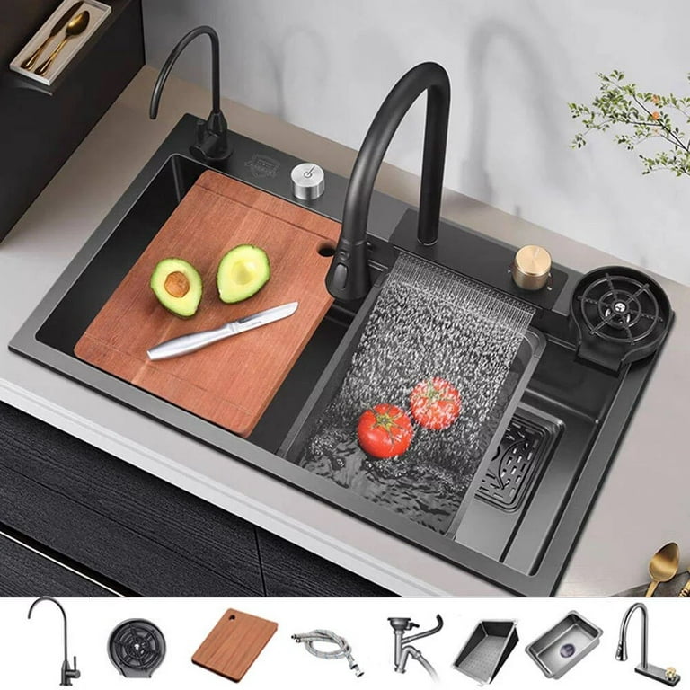 Kitchen Sink Black Stainless Steel Sink Washing, Draining and Cutting 3-in-1 Utility Sink Multi-functional Farmhouse Sink with Kitchen Sink