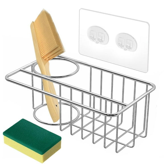 TiokMc 2 in 1 Kitchen Sink Brush Holder, Stainless Steel Adhesive Sponge Holder & Caddy Organizer, Rustproof Sink Rack for Sponges, Brushes, Dish Cloths, Soap