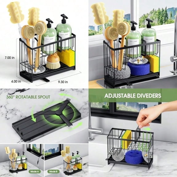 Kitchen Sink Caddy 2-Tier Self-Draining Sponge Dish Brush Holder Rustproof 304 Stainl Steel Space-Saving Organizer with Drying Tray Black