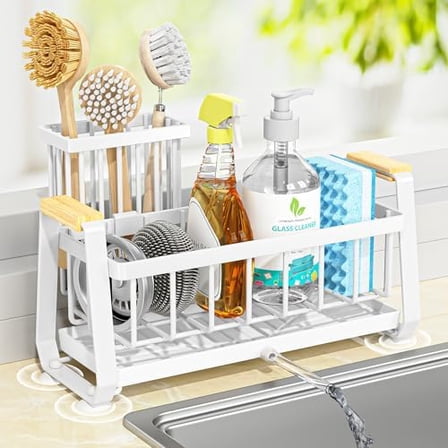 Kitchen Sink Caddy with High Brush Holder,Self-Draining kitchen Countertop Organizer,Rustproof 304 Stainless Steel,Non-Slip Stability High Storage Sponge Holder for Kitchen Sink White