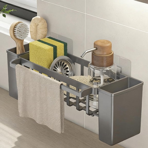 Kitchen Sink Caddy Organizer Sponge Holder with Auto Draining Tray - Soap Dish Brush Storage for Countertop - Dish Drying Rack with Towel Hanging Rod for Kitchen Bathroom Dishwashing Supplies