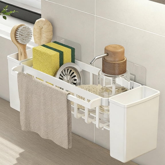 Kitchen Sink Caddy Organizer Sponge Holder with Auto Draining Tray - Soap Dish Brush Storage for Countertop - Dish Drying Rack with Towel Hanging Rod for Kitchen Bathroom Dishwashing Supplies