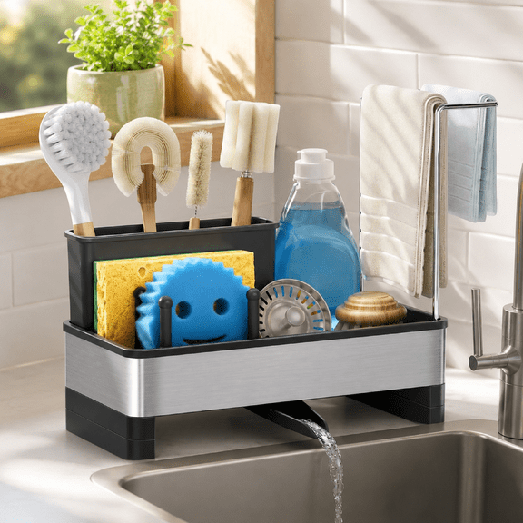 Sink Caddy 304 Stainless Steel Rustproof Auto Drain Sponge Holder with Brush Towel Rack for Kitchen