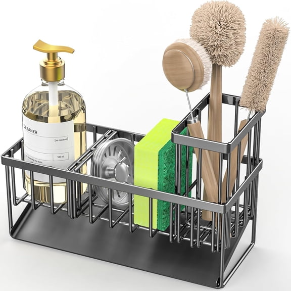 Kitchen Sink Caddy Organzier with High Brush Holder, Sponge Holder for Sink, Kitchen Countertop Soap Dispenser Organizer