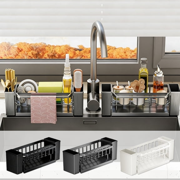 Kitchen Sink Caddy Rack Plastic Countertop Organizer Sponge Dishcloth Holder with Drain Holes, Space-Saving Stable Design, White/Black/Gray, 12.2 in