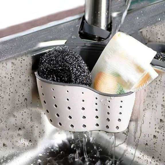 Kitchen Sink Caddy Sponge Holder Silicone Plastic Soap Holder Hanging Ajustable Strap Faucet Caddy with Drain Holes for Drying