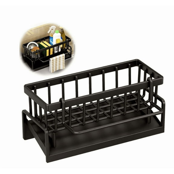 Kitchen Sink Caddy Sponge Holder,Sponge Holder for Kitchen Sink,Expandable Dish Drying Rack with Drainboard,Rustproof Sink Caddy with Brush Holder(Black 9.05x4.33x3.54in)Clearance from QiwagFerng
