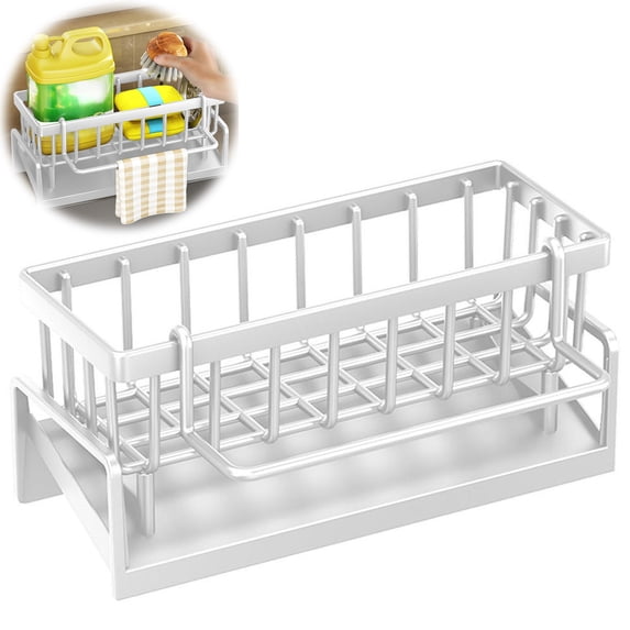 Kitchen Sink Caddy Sponge Holder,Sponge Holder for Kitchen Sink,Expandable Dish Drying Rack with Drainboard,Rustproof Sink Caddy with Brush Holder(White 9.05*4.33*3.54in)from QiwagFerng